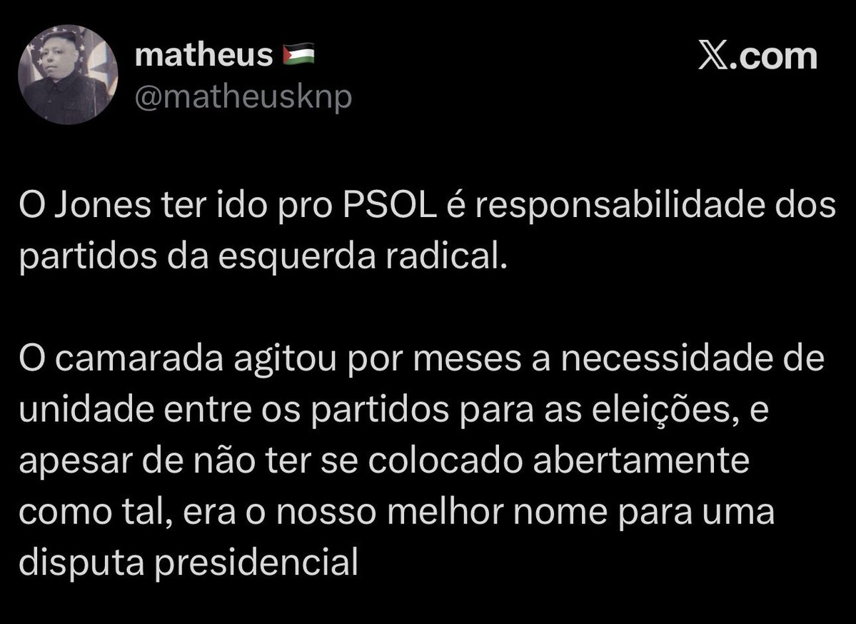 joao29pimenta's tweet photo. O oportunismo da esquerda autoproclamada “revolucionária” é incrível. Jones Manoel traiu eles, prometeu votar no Lula (que eles consideram o demônio), mas a ideia de eleger alguém vale mais que a propria dignidade. São tão revolucionários quanto o PT. Com 1 grande diferença 
1/4 https://t.co/eI2cU2lEUR