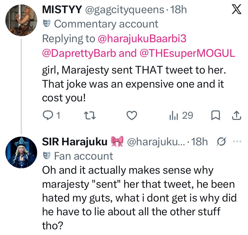 MarajestyyElite's tweet photo. @harajukuBaarbi3 She didn’t find the joke funny what don’t you get it doesn’t matter if it was a joke to YOU or not. Other people posted it yesterday as I got it from someone else on the timeline. You’re ignoring you joked about leaks something she doesn’t like https://t.co/WiWCnIbb3Y