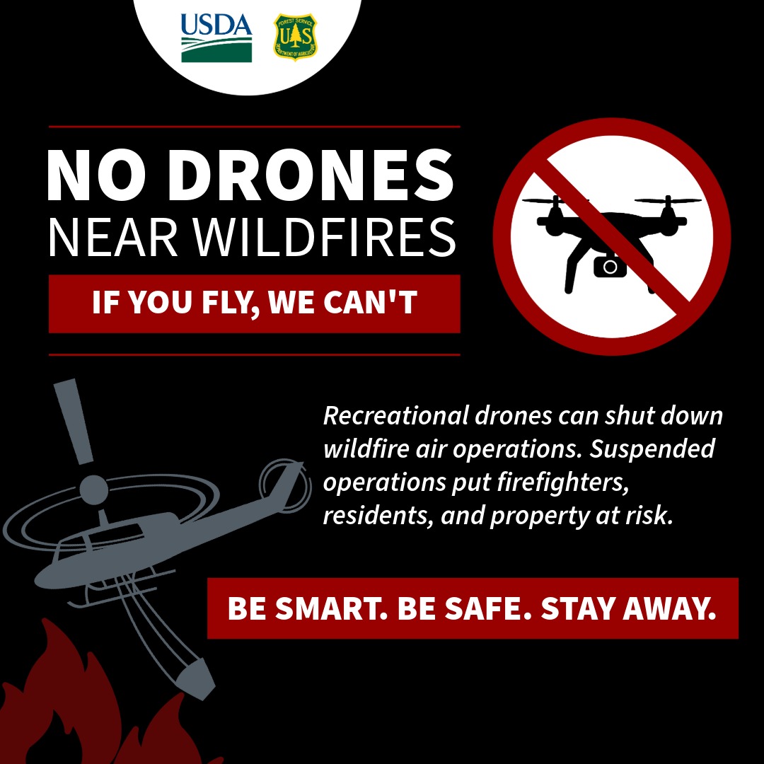 forestservice's tweet photo. If you fly, we can’t.

When drones are in the area, firefighting aircraft have to be grounded, putting crews and communities at risk. Keep your drone away from fire zones so firefighters can do their job safely. https://t.co/3pbGNydllT