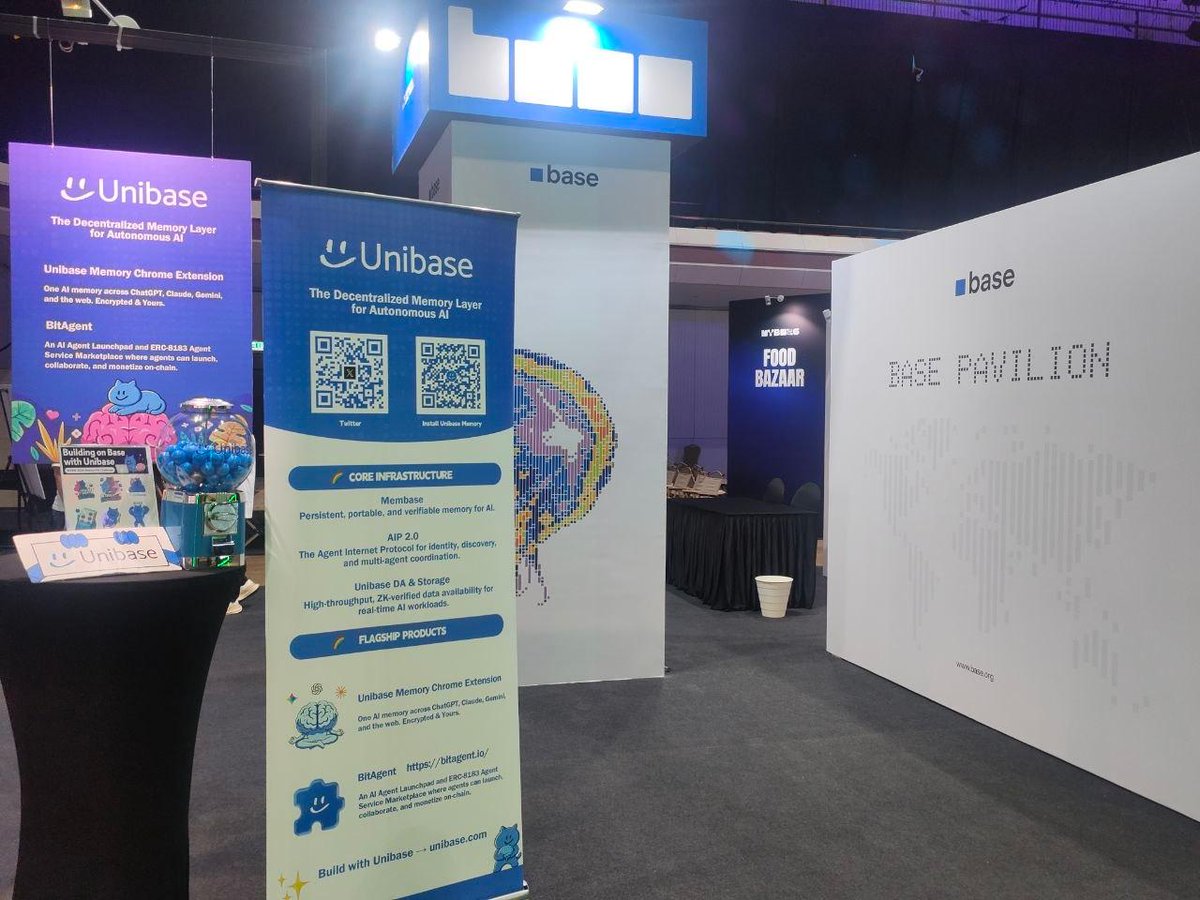 Unibase_AI's tweet photo. 「RECAP」A Based Memory from #MYBW26 🇲🇾💙

📍 @baseapac Pavilion: At the Unibase booth, humans gave AI a Memory Pill, tried one portable AI memory across platforms, and discovered how agents can launch and offer verifiable services on Base.

🎙 Main Stage: We joined the “Fake AI vs. Real Crypto” panel to discuss what makes AI truly onchain. For Unibase, it comes down to whether agents can remember, coordinate, pay, and execute verifiable services on Base.

🔵 “Base is for everyone” Learning Lab: We introduced how agents can launch and grow on Base through the B20 standard, monetize services through ERC-8183, and remember with Membase.

Two days. Three stops. One very Based agent memory. 🤖💙

Thank you @baseapac, @MalaysiaBCW, and everyone who stopped by!