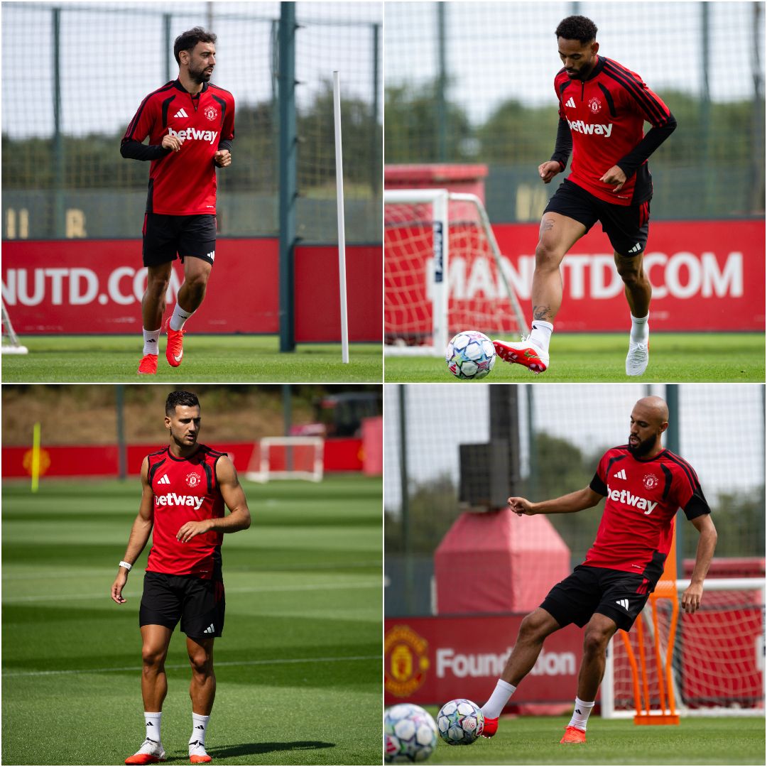 TyMarshall_MEN's tweet photo. Diogo Dalot, Noussair Mazraoui, Bruno Fernandes and Matheus Cunha all back training on the grass at Carrington already after returning yesterday.

They could all be pushing for a place in the squad to travel to Gothenburg this weekend for the friendly against Paris St-Germain. Senne Lammens and Youri Tielemans should also be in contention this weekend #mufc