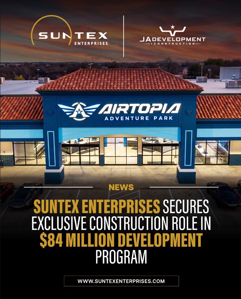 SuntexCorp's tweet photo. Suntex Enterprises (OTC: $SNTX) today announced that its wholly owned subsidiary, JA Development & Construction, has been selected as the exclusive construction management and build-out partner supporting AirTopia Adventure Parks multi-market commercial development program.

The relationship begins with developments in Roswell, New Mexico, and Bedford, Texas, and establishes a framework for additional locations as AirTopia continues its expansion.

The aggregate construction value of the program is currently estimated at up to $84 million.

Read the full press release below.
https://t.co/hW4No4bfib

$SNTX | @SuntexCorp 

Visit: https://t.co/JH8R0PsoSm