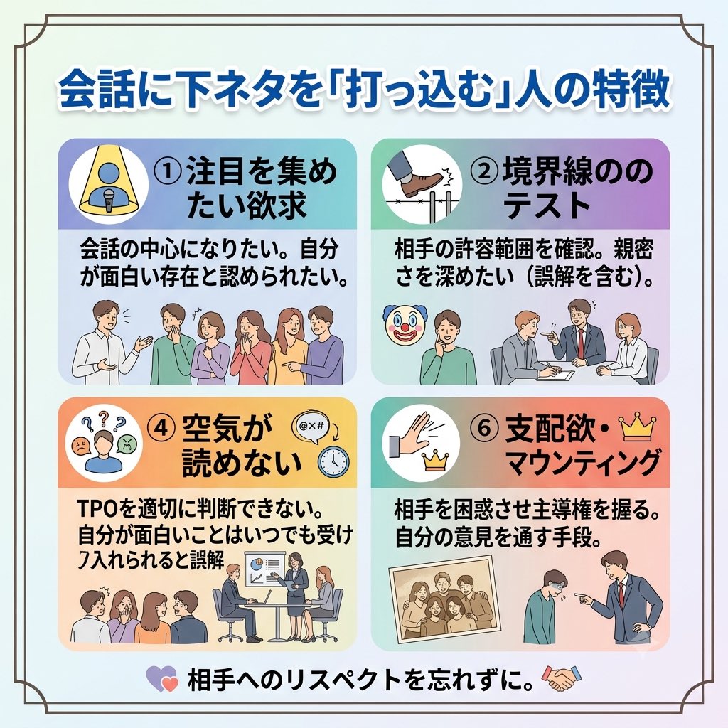 GAMBEJP's tweet photo. @KKomaki68555 「会話に下ネタを『打っ込む』人の特徴」は、唐突に性的な話題を持ち出す人が抱える、心理的・行動的な理由を4つの主な特徴として分かりやすくまとめています。 https://t.co/uwPZoGCq7E