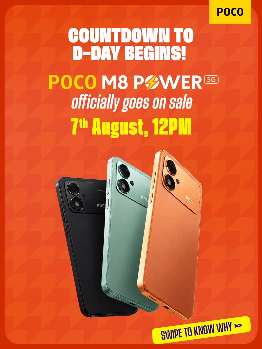IndiaPOCO's tweet photo. The #POCOM8POWER 5G drops this 7th
AUGUST at 12 PM!

WARNING -Don't wait for anyone, especially when those launch offers disappear in just 12 hours. Set your reminders, clear your carts, &amp; get ready to secure yours before stocks clear out!

#POCOIndia #PowerYourBinge #Sale https://t.co/cjJPQLAsL4