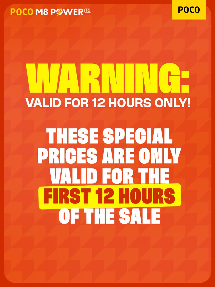 IndiaPOCO's tweet photo. The #POCOM8POWER 5G drops this 7th
AUGUST at 12 PM!

WARNING -Don't wait for anyone, especially when those launch offers disappear in just 12 hours. Set your reminders, clear your carts, &amp; get ready to secure yours before stocks clear out!

#POCOIndia #PowerYourBinge #Sale https://t.co/cjJPQLAsL4