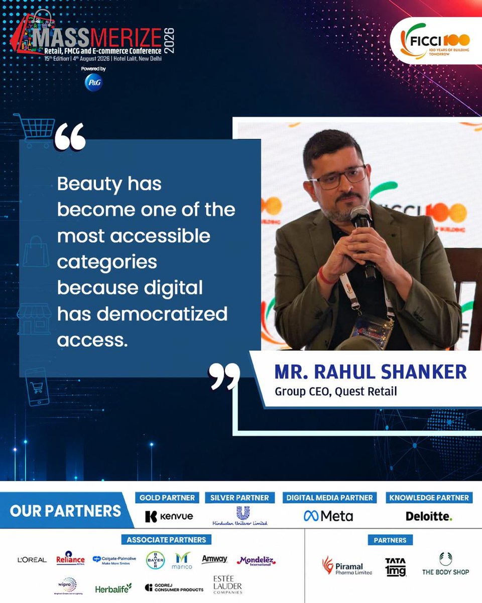 massmerize26's tweet photo. “Beauty has become one of the most accessible categories because digital has democratized access.”

-Mr. Rahul Shanker, Group CEO, Quest Retail

#Massmerize2026 #Retail #FMCG #ECommerce https://t.co/TsOog6BiIn