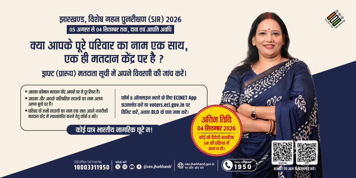 DC_Palamu's tweet photo. झारखण्ड, विशेष गहन पुनरीक्षण (SIR) 2026
05 अगस्त से 04 सितम्बर तक, दावा एवं आपत्ति अवधि..!

#NewVoters @ceojharkhand https://t.co/xDqdneE5l7