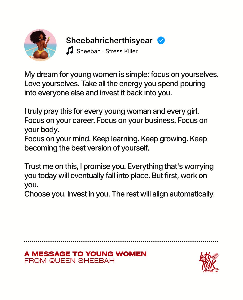LetsTalkAbtItUg's tweet photo. To all young women👑✍🏽

With love, 

Queen Sheebah🤍

#letstalkaboutit https://t.co/2ZzCl8Mmyz