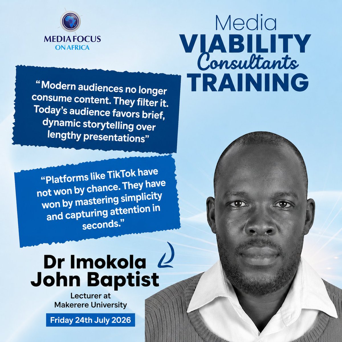 MFAUganda's tweet photo. "𝗠𝗼𝗱𝗲𝗿𝗻 𝗮𝘂𝗱𝗶𝗲𝗻𝗰𝗲𝘀 𝗻𝗼 𝗹𝗼𝗻𝗴𝗲𝗿 𝗰𝗼𝗻𝘀𝘂𝗺𝗲 𝗰𝗼𝗻𝘁𝗲𝗻𝘁. 𝗧𝗵𝗲𝘆 𝗳𝗶𝗹𝘁𝗲𝗿 𝗶𝘁."

​Dr @Imokola speaking on the future of audience engagement during our #MediaViability Consultants Training last month. https://t.co/Q24YEZO6Bt