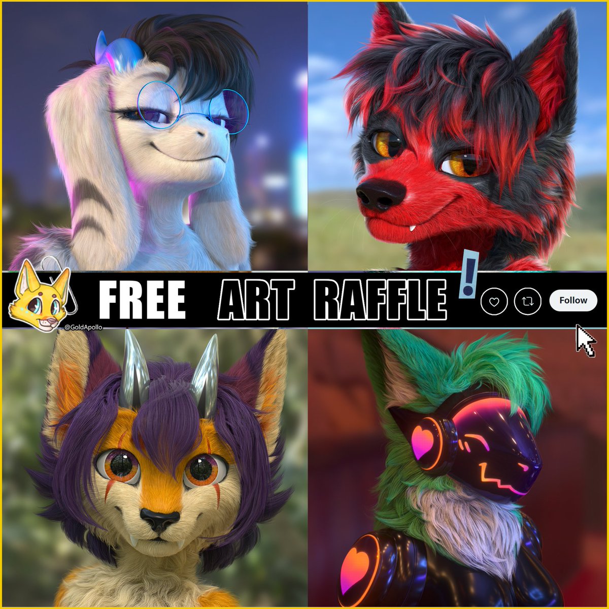 GoldApolloArt's tweet photo. ‼️ART RAFFLE TIME ‼️
First raffle of the year , All species welcome!
Prize -> Illustrated headshot🎉 
💚Be following this account
💚Like and RT this post 
🧡[Optional] Comment your OC!
  Ends August 16th 

winner will be DMed https://t.co/HPp5kYMZre