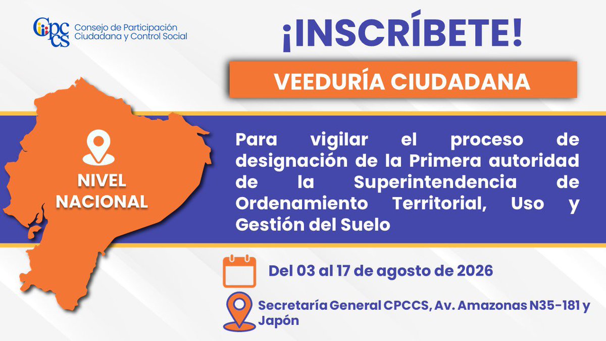 davidroserow's tweet photo. Convocatoria a la ciudadanía para integrar la Veeduría Ciudadana que vigilará el proceso de designación de la primera autoridad de la Superintendencia de Ordenamiento Territorial, Uso y Gestión del Suelo @sot_ecuador, del 3 al 17 agosto.
Más información: https://t.co/HmYK6P0gQF https://t.co/ymPogyy1Oo