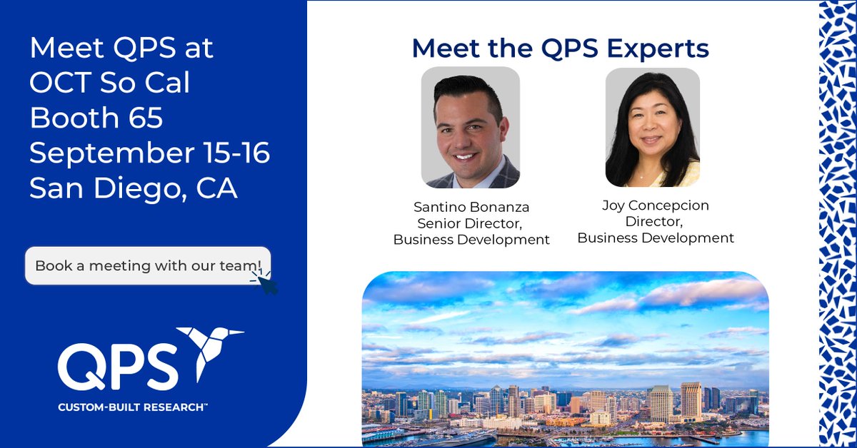 QPSHoldingsLLC's tweet photo. Will you be at #OCTSoCal 2026 in San Diego? Meet Santino Bonanza and Joy Concepcion from #QPS in Booth 65. Fast-track your next #oncology, #obesity, and #bioanalysis studies with QPS. Visit https://t.co/S658TtY7GP or email info@qps.com to learn more about QPS. https://t.co/U2stcZbbCr