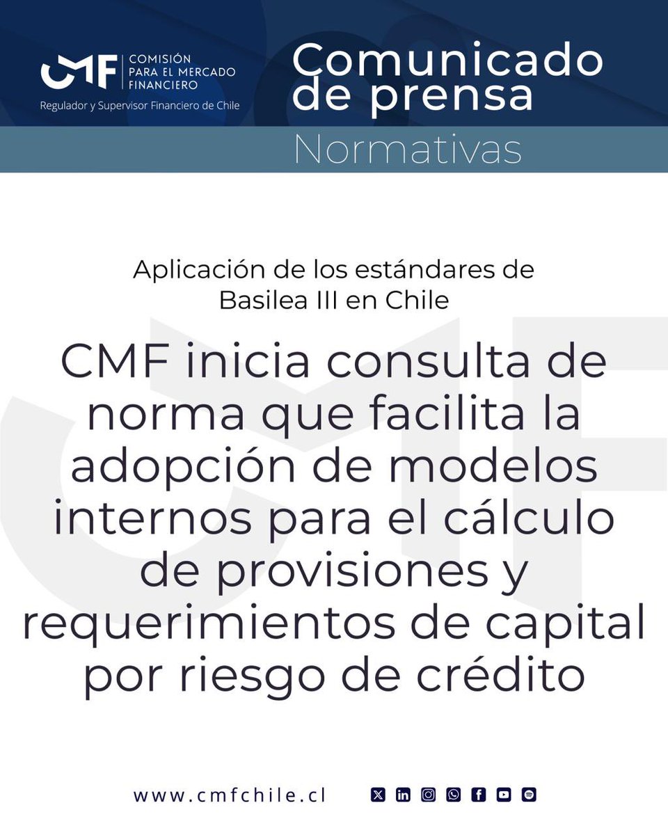 cmfchile_'s tweet photo. #Comunicadodeprensa📣 | Entre otros aspectos, la propuesta introduce el nuevo Capítulo 21-9 a la Recopilación Actualizada de Normas de bancos, el cual consolida y perfecciona los requisitos para el uso de estas metodologías.

🔗https://t.co/7DSrFzII5j https://t.co/lbUNnwJbxm