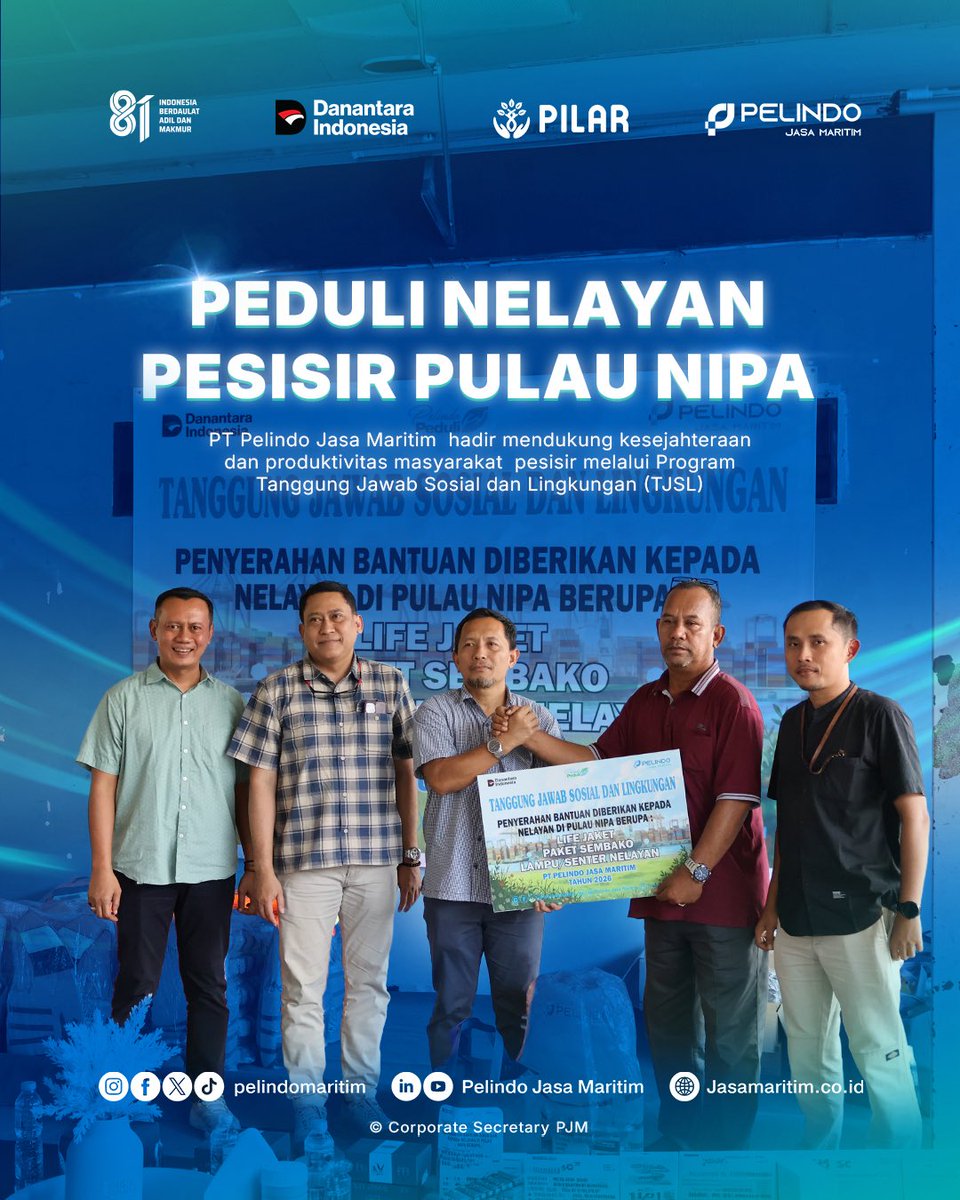 Pelindomaritim's tweet photo. Hai #SobatMaritim
Sebagai bagian dari komitmen TJSL, PT PJM menyalurkan bantuan sarana produksi kepada kelompok nelayan di Pulau NIPA. Bantuan ini diharapkan dapat meningkatkan keselamatan, produktivitas, serta kesejahteraan masyarakat pesisir. https://t.co/RhBNk1bv76