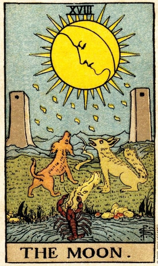 selvatica_arcan's tweet photo. Vocês já perceberam que, abaixo da Lua, há um lobo e um cachorro?

O lobo simboliza nossa natureza selvagem, enquanto o cão, a domesticada.  

Sâo nossos instintos, ambos sendo direcionados a um mesmo astro. 

Enquanto isso, o crustácio saindo da água indica nosso subconsciênte vindo a superfície.
