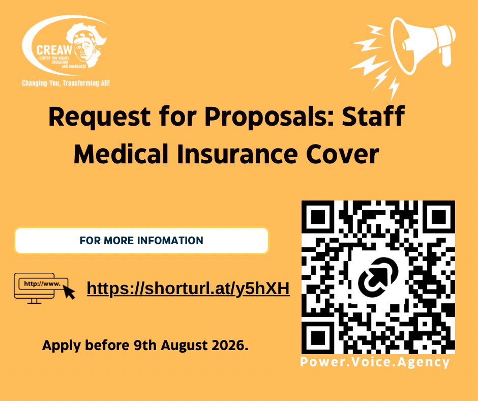 CREAWKenya's tweet photo. CREAW seeks the support of an insurance provider to support CREAW in the overall management of the staff medical insurance scheme.

We invite qualified and experienced insurance providers to submit their proposals and partner with us in delivering a comprehensive, responsive, and reliable staff medical insurance scheme.

Interested firms are encouraged to review the full Request for Proposals and submit their applications before the deadline 

🔗 Learn more and apply here:https://t.co/gANewc4RGe