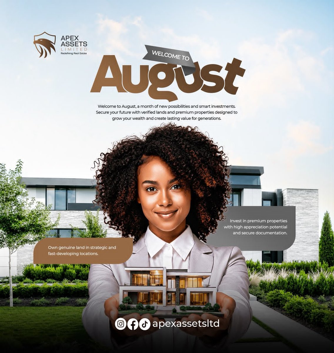 Apexasset_ltd's tweet photo. August is another opportunity to make decisions that move you closer to the future you envision. 

This August, choose growth. Choose smart investments. Choose a future backed by real value.
Welcome to a month of endless possibilities.

#welcomeaugust #apexassetsltd https://t.co/a2qQGVu4PY