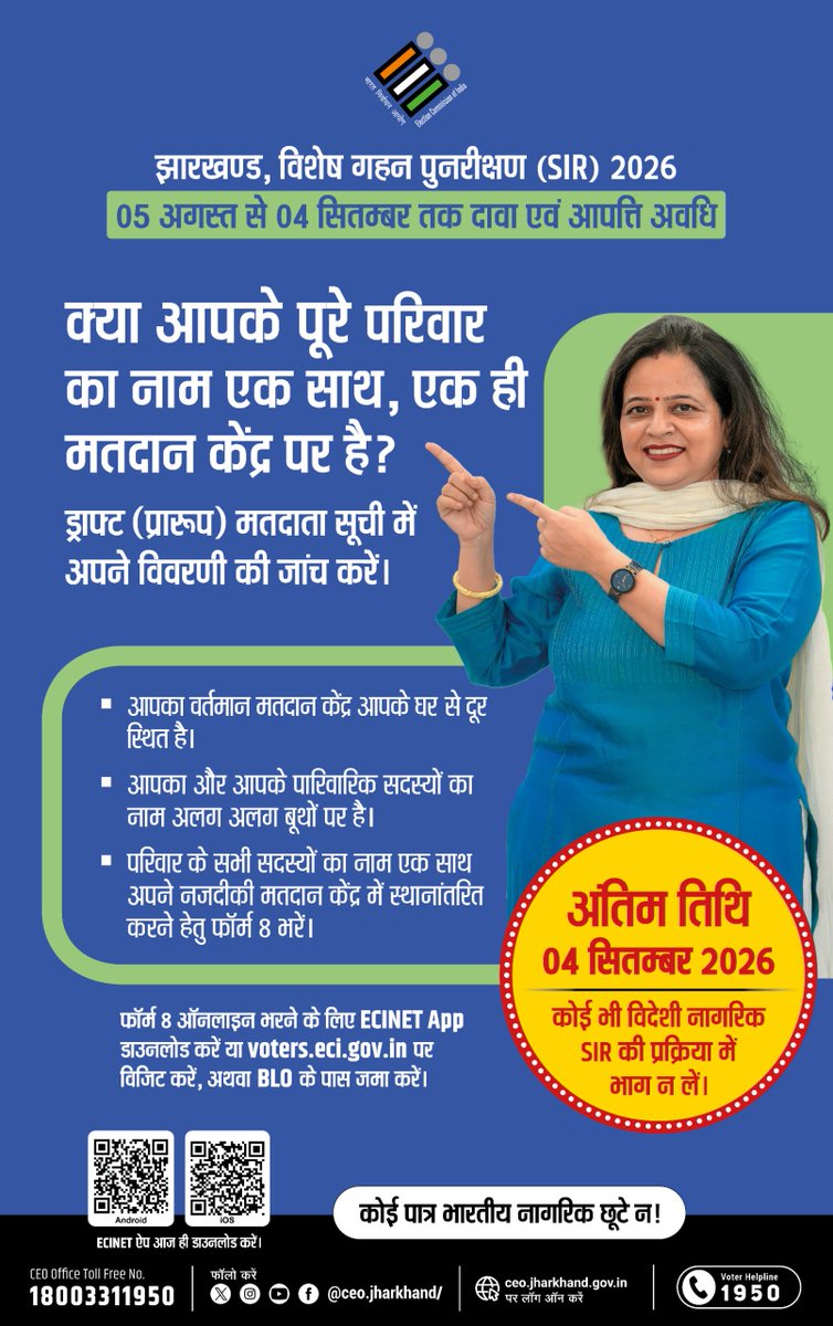 DC_Palamu's tweet photo. SIR 2026
05 अगस्त से 04 सितम्बर तक, दावा एवं आपत्ति अवधि..!
◆ आपका वर्तमान मतदान केंद्र आपके घर से दूर स्थित 
◆ परिवार के सभी सदस्यों का नाम एक साथ अपने नजदीकी मतदान केंद्र में स्थानांतरित करने हेतु फॉर्म 8 भरें।
#NewVoters @ceojharkhand https://t.co/YZexO1XywM