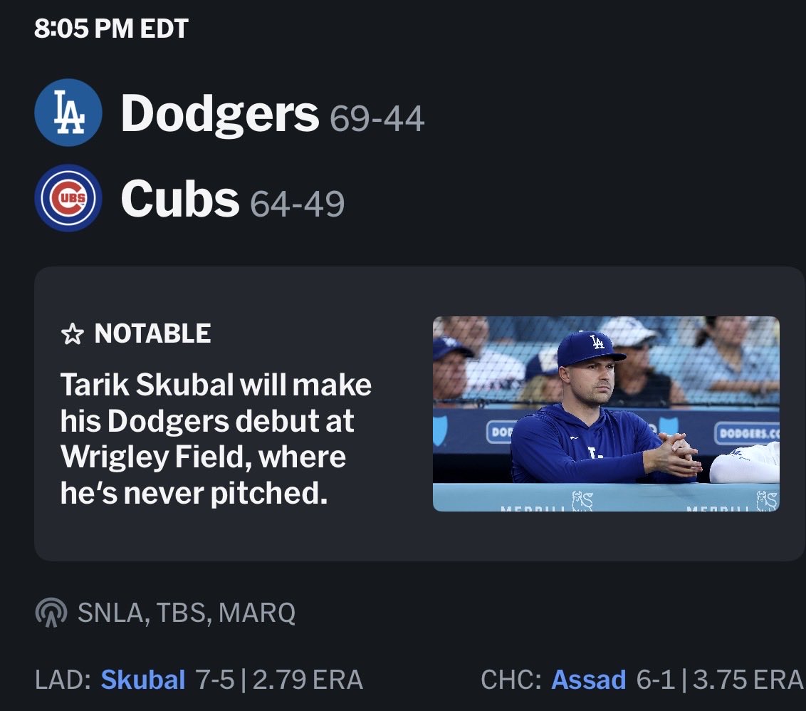 PlaymarkHQ's tweet photo. DODGERS DEBUT: Tarik Skubal will get his first start for the #Dodgers tonight against the #Cubs in Wrigley Field, Skubals first ever time pitching in that stadium. https://t.co/mCyDw87loi