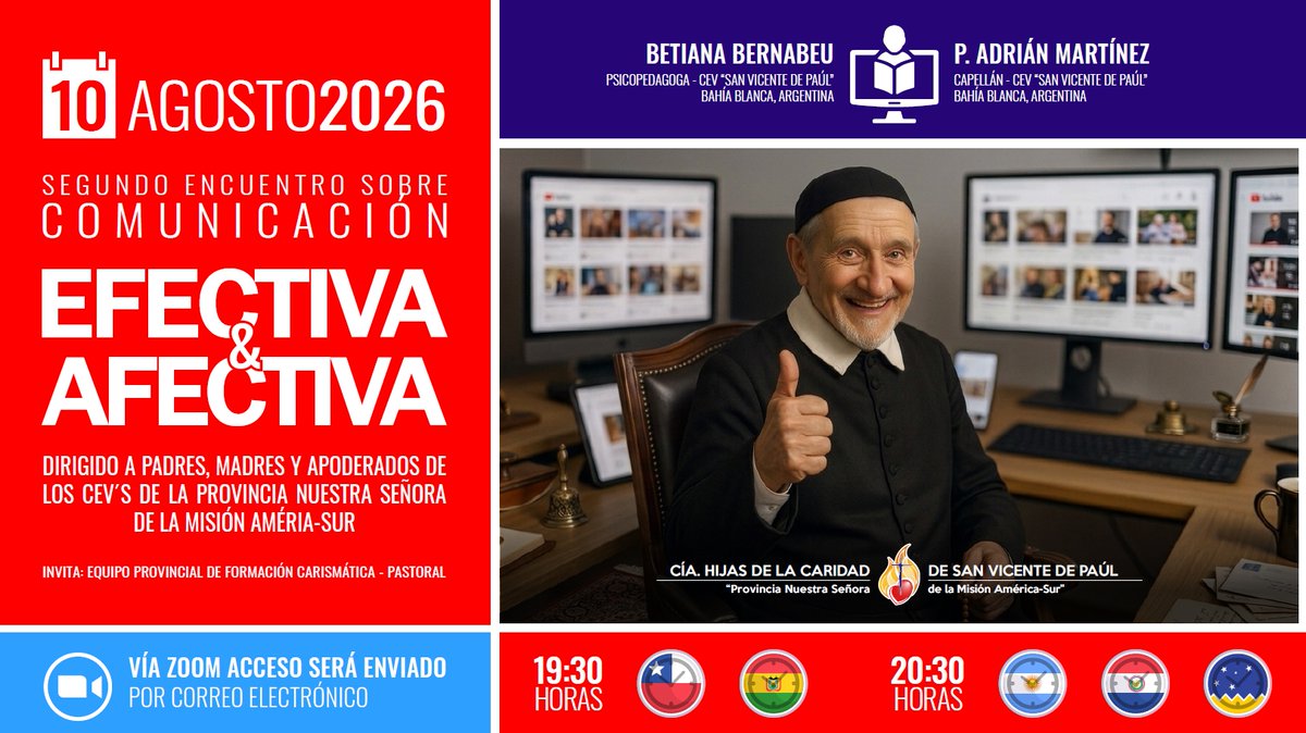 HCAmericaSur's tweet photo. 🔔 10 de Agosto invitamos a padres y apoderados(as) 👪 de los CEV´S 🏫 de la Provincia al 💬 Conversatorio 📢 "Comunicación Efectiva y Afectiva" ❤️

#hijasdelacaridadamericasur #HijasDeLaCaridad #comunicacionefectivayafectiva #EducaciónNSdelaMisiónAméricaSur #colegioshc https://t.co/dswHRklVnf