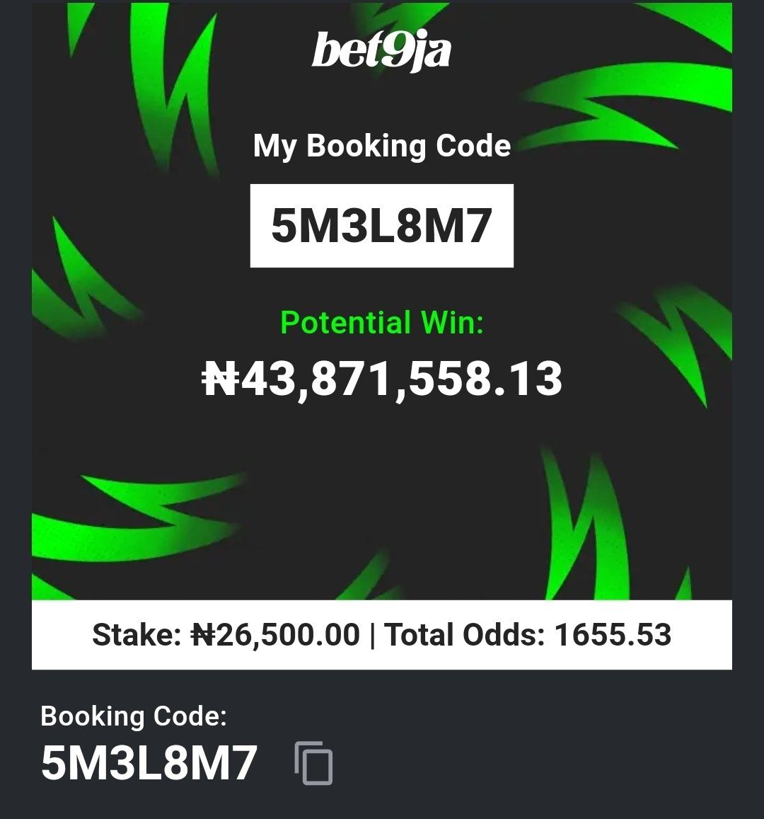 lekan_mark's tweet photo. 5M3L8M7   7/7 💥  It's home already 💪 

#Bet9jaCode https://t.co/2xdaOlmbl4