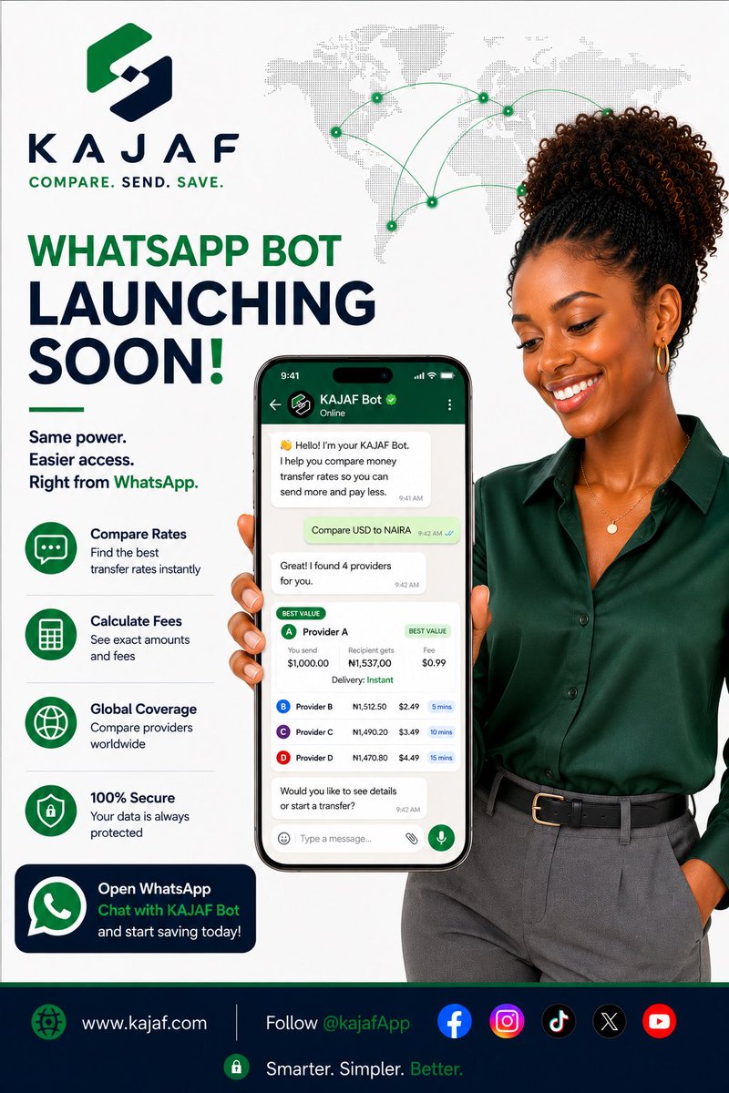 KajafApp's tweet photo. WhatsApp Bot Launching Soon
Send money home right inside WhatsApp  compare rates, send smarter, no extra app needed. Finishing touches in progress.
Follow for launch updates: https://t.co/ZaudhuCoff
#Kajaf #SendMoneyHome #africa  #remittance #sendmoney https://t.co/HH3QZldT3S