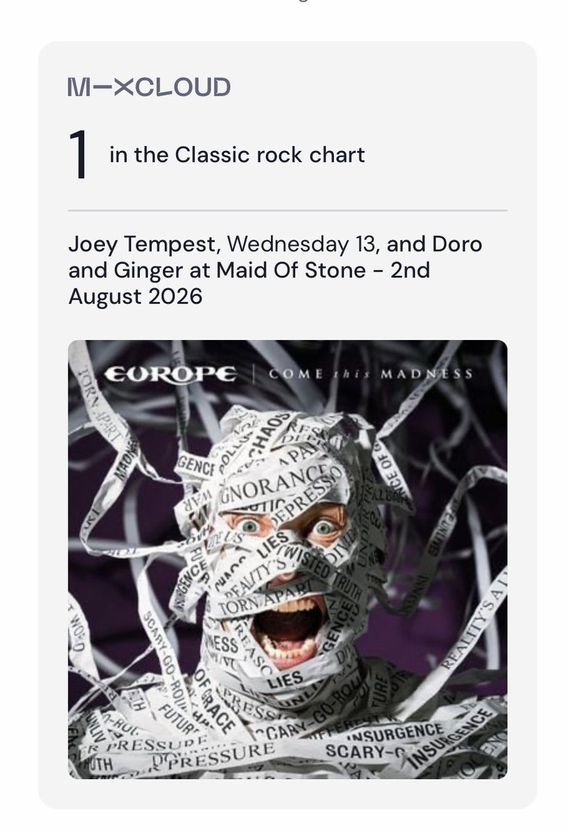 DawnOsbornerox's tweet photo. Thank you everyone for making my @JoeyTempest @europetheband @officialwed13 @DoroOfficial @GingerWildheart @maid_of_stone show No 1 in the Classic Rock chart!!! #joeytempest #europetheband #wednesday13 #doropesch #gingerwildheart @totalrockonline  sponsored by @Fireworks_Mag https://t.co/xiLePuOY9d