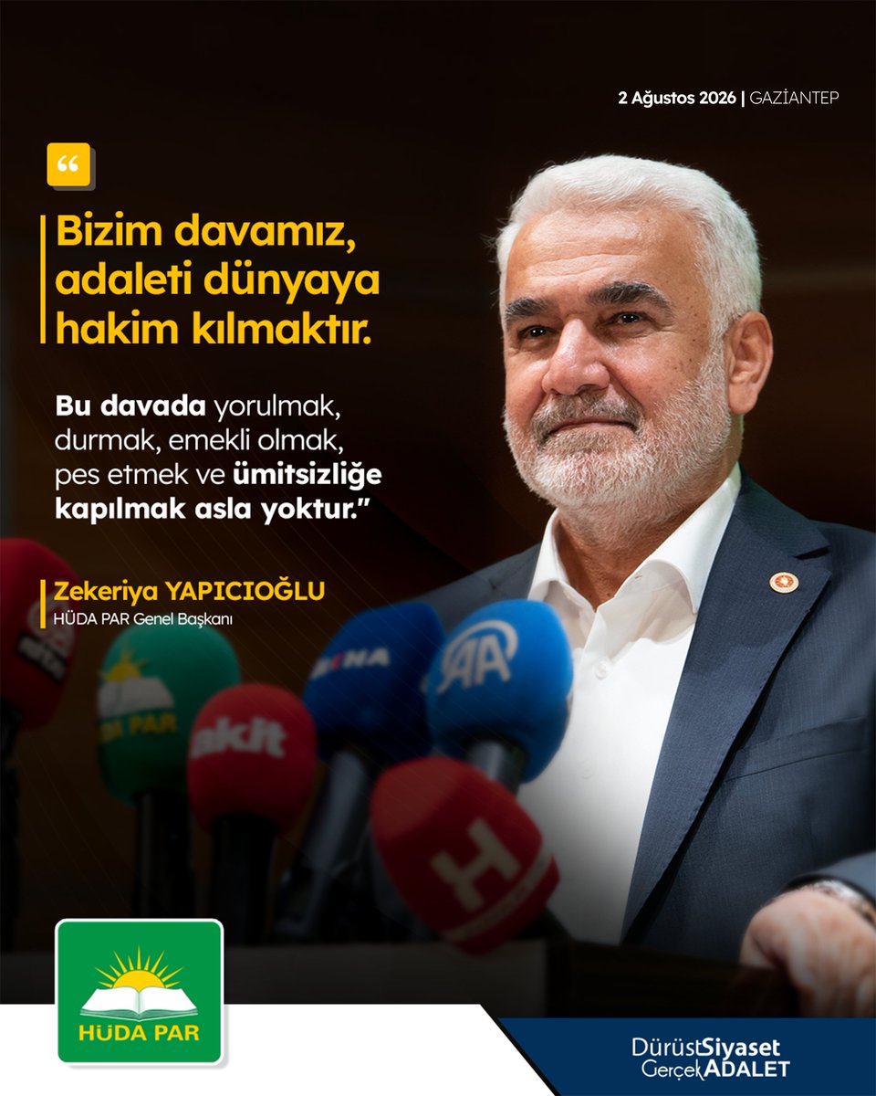 HudaPariletisim's tweet photo. "Bizim davamız, adaleti dünyaya hakim kılmaktır.

Bu davada yorulmak, durmak, emekli olmak, pes etmek ve ümitsizliğe kapılmak asla yoktur."

Zekeriya Yapıcıoğlu | Genel Başkanımız https://t.co/yineoEvgSU