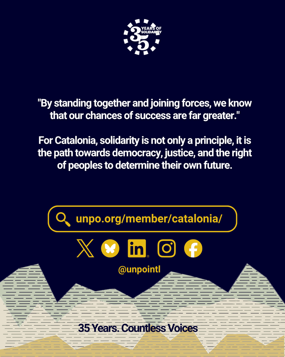UNPOintl's tweet photo. "When peoples unite in defence of shared values and rights, they become a voice that is harder to ignore."

In this edition, #Catalonia reflects on the importance of solidarity, international advocacy, and defending the fundamental right to self-determination.

#UNPO35 #35Voices https://t.co/xlKro9H3Hb