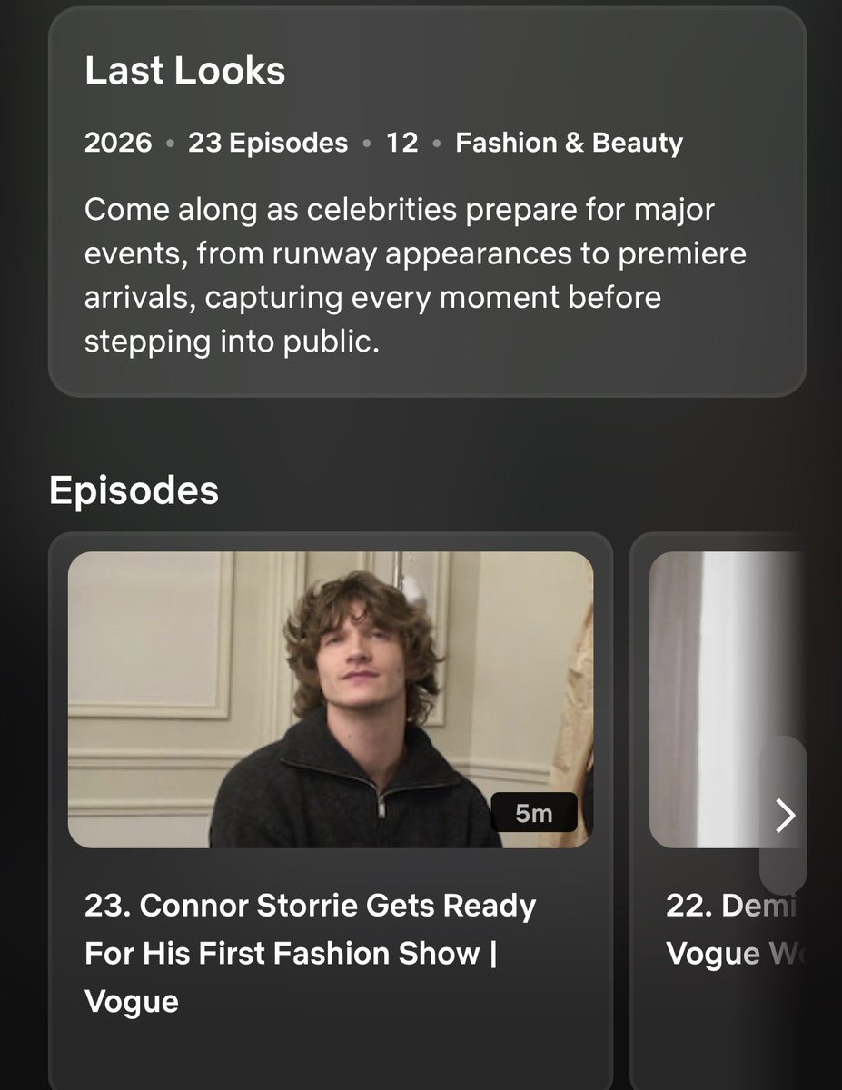 StorrieNation's tweet photo. Connor Storrie  is featured on the Netflix’s Celebrity Fashion “Last Looks” that spotlights celebrities preparing for major events. 
Among other celebrities for this season are Demi Lovato, Nicole Kidman, Emma Chamberlain.
Connor’s Yves Saint Laurent Paris Fashion “get ready” with Vogue  features in the first episode of the 23 episode show.