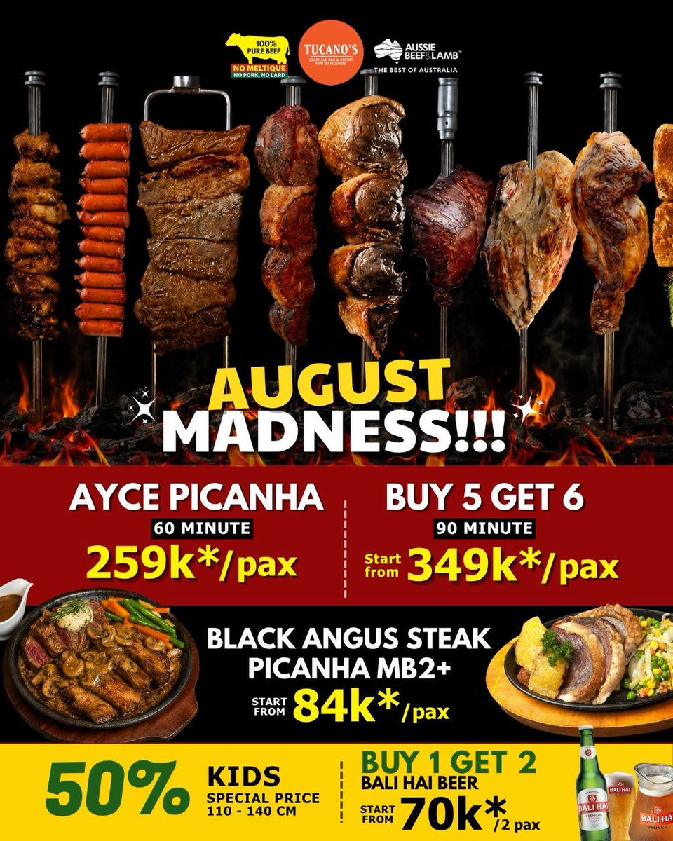 Giladiskon's tweet photo. 🥩 AGUSTUS DATANG, SAATNYA MAKAN TANPA HITUNG-HITUNG! 🔥

Bayangkan daging premium yang dipotong langsung dari skewer, buffet lengkap, minuman segar, dan promo yang bikin puas dari awal sampai akhir.

✨ AYCE Picanha mulai 259K/pax*
✨ BUY 5 GET 6 mulai 349K/pax*
✨ Black Angus Steak mulai 84K*
✨ Kids 50% OFF
✨ BUY 1 GET 2 Bali Hai Beer mulai dari 70k*

❌ 𝗡𝗼 𝗣𝗼𝗿𝗸 | ❌ 𝗡𝗼 𝗟𝗮𝗿𝗱 | ❌ 𝗡𝗼 𝗠𝗲𝗹𝘁𝗶𝗾𝘂𝗲
📍 Pavilion Sudirman | 📍 Senayan City
📍 SMS Serpong | 📍 Galaxy Mall Surabaya