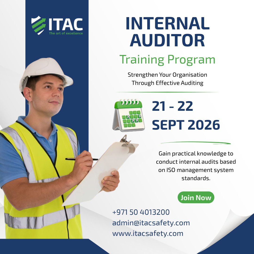 ItacSafety's tweet photo. ๐ Build Stronger Systems with Effective Internal Auditing!
๐
Training Dates: 21 - 22 September 2026
๐ +971 50 4013200
๐ง admin@itacsafety.com
๐ https://t.co/70Ni5lY4ug
#ITACSafety #InternalAuditor #ISOAudit #InternalAudit #ISOStandards #QualityManagement #LeadAuditor https://t.co/g5S0bWxbhX