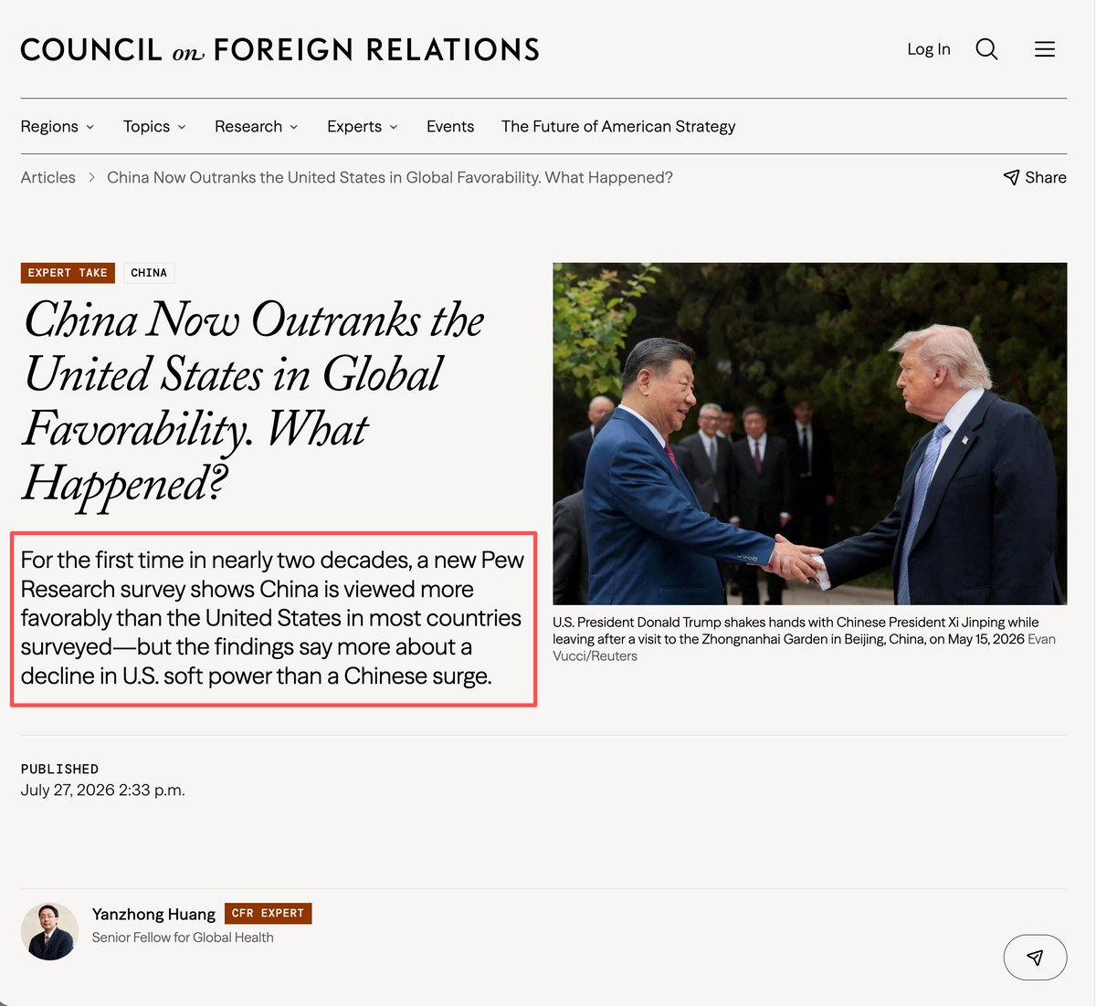 OopsGuess's tweet photo. “For the first time in nearly two decades, China is viewed more favorably than the United States in most countries surveyed—but the findings say more about a decline in U.S. soft power than a Chinese surge.”

That single sentence exposes the entire mindset.

America loses global trust, and it is treated as a temporary deviation caused by Trump.

China gains global trust, and it is immediately denied ownership of its own success.

China’s infrastructure, industrial capacity, affordable technology, development partnerships, and diplomatic predictability apparently count for nothing.

The world is not allowed to prefer China.
It may only be temporarily disappointed in America.

Even when Pew and Gallup record the same geopolitical shift, this clown into the old catechism:

America will become lovable again once the wrong president leaves.
China may be more respected, but it is not “democratic.”
Therefore, the result cannot be real, durable, or deserved.

The data says the world is changing.

@YanzhongHuang insists the world is merely waiting for America to become worthy of worship again.

America’s decline is always temporary.
China’s rise is never legitimate.

This is a textbook case of academic dishonesty:

the data is acknowledged, then stripped of any meaning that threatens American exceptionalism.

He did not analyze the geopolitical shift.

He performed ideological damage control—an overseas believer administering CPR to the American dream.