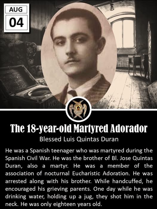 father_rmv's tweet photo. Blessed Luis Quintas Durán was a young Spanish Catholic layman and martyr who lived a brief but devoted life of faith in the early twentieth century. Born on April 24, 1918, in Almería, Spain, he was the third son in a deeply Christian family of parents and four children. From his earliest years he absorbed an intense spirit of piety and charity toward the poor from his parents, and his own siblings regarded him as the most intelligent among them. He formed his Christian character through active membership in the Nocturnal Adoration of the Eucharist, the Congregation of the Luises, and the Conferences of Saint Vincent de Paul.

When the violent religious persecution of the Spanish Civil War erupted in 1936, Luis was arrested along with his older brother José and his younger brother Mario, then only fourteen. Bound and led through the streets of Almería amid insults and blows, the eighteen-year-old Luis raised his voice to encourage his grieving parents and to proclaim his faith, crying out “Viva Cristo Rey.” The three brothers were confined in the former convent of the Adoratrices, which had been turned into a prison. There Luis endured constant threats, mockery, and mistreatment with serenity and courage.

On August 4, 1936, while he was drinking water from a clay jug, a guard shot him through the neck, killing him instantly. His younger brother was forced to identify the body and help bury it; when the boy traced a cross over the grave he was beaten for the gesture. The family never denounced the killer, and years later the same man sought forgiveness from Mario.

Luis Quintas Durán was beatified on March 25, 2017, in Aguadulce near Almería, as one of a group of 115 martyrs of the diocese of Almería who died for their faith between 1936 and 1939. His feast is observed on August 4. In his short life and courageous death he stands as a witness to youthful fidelity, charity, and steadfast confession of Christ even under persecution.