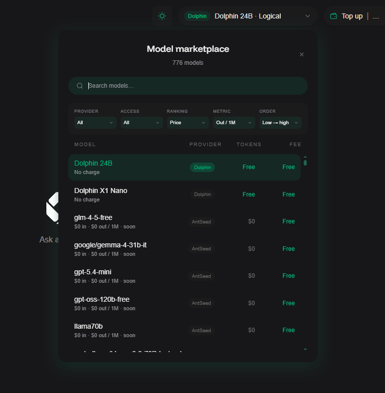 PPLSOPTIMISMCEO's tweet photo. almost 800 AI models

you can settle with stables from any chain to buy inference and we handle the auto conversion and bridging to the provider through our facilitator

also you don't have to sign a TX every time you chat with an AI model

we have free to use options too

base:0xe57e601c06689d3e2bf7db7bebb14b4ff28400c6