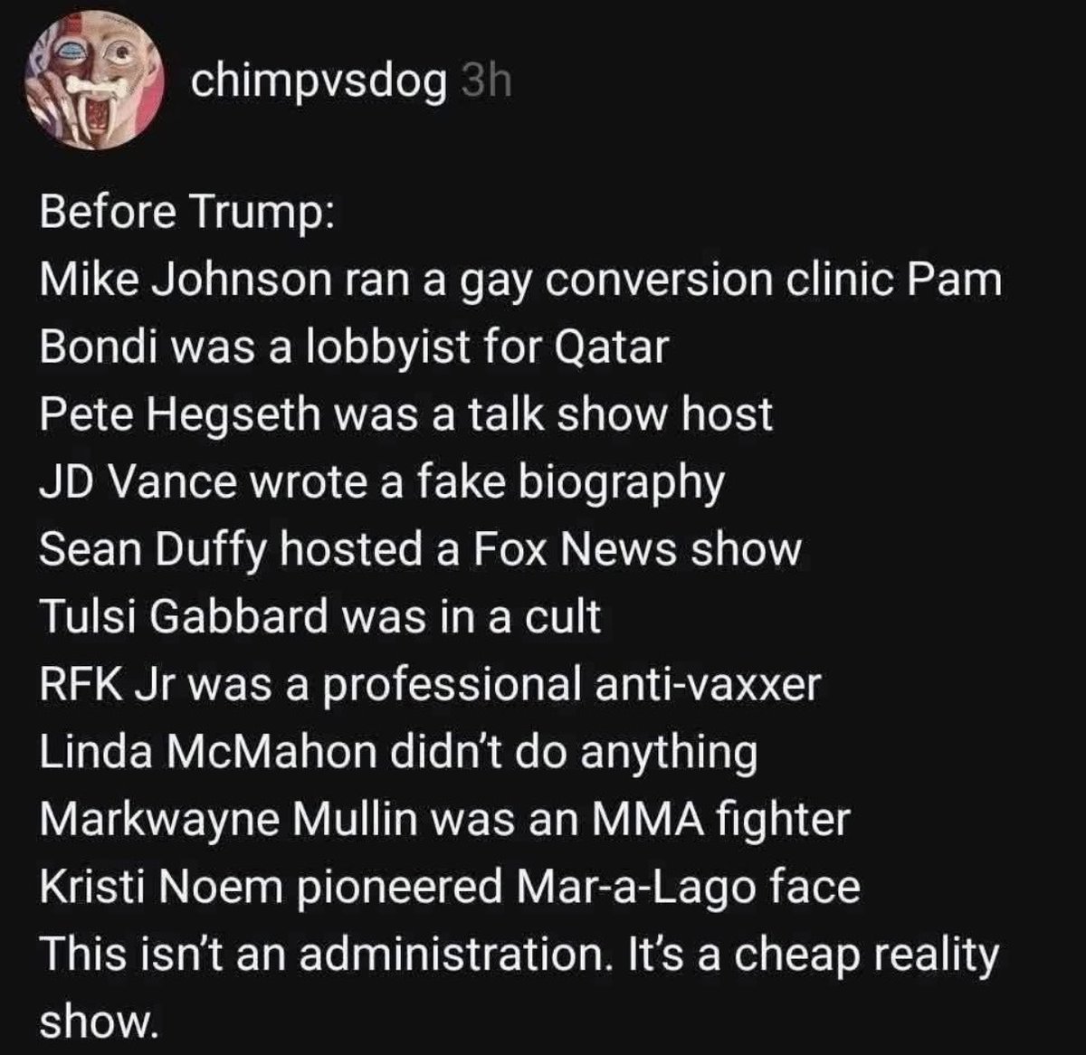 AnnieForTruth's tweet photo. This administration is a circus filled with the most unqualified, incompetent, inept clown car show ever! 🤡🤡🤬 https://t.co/uVG2QwxLPK