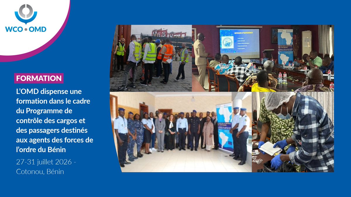 WCO_OMD's tweet photo. L’OMD dispense une formation dans le cadre du Programme de contrôle des cargos et des passagers destinés aux agents des forces de l’ordre du Bénin 🇧🇯.

La formation continue est essentielle pour garder une longueur d’avance sur l’évolution des menaces criminelles.

Dans le cadre du Programme de contrôle des cargos et des passagers (PCCP) de l’OMD et de l’ONUDC, en partenariat avec l’Union européenne au titre du projet « Action de l’UE sur le contrôle des conteneurs », l’OMD a dispensé une formation intensive à l’Unité de contrôle portuaire de Cotonou, au Bénin, du 27 au 31 juillet 2026.

Cette formation a permis de renforcer les compétences opérationnelles des agents, de les informer des dernières tendances et procédures, et de doter les nouveaux membres des connaissances nécessaires pour remplir efficacement leurs fonctions. Une attention particulière a été accordée au traitement des preuves et aux procédures opérationnelles.

Réunissant des agents de la douane, de la police et de la Direction générale des eaux, des forêts et de la chasse, cette formation a souligné l’importance de la coopération interinstitutionnelle pour protéger les chaînes d’approvisionnement mondiales et lutter contre la criminalité organisée transnationale.

@PCCP @UNODC @EU @EUContainerControlAction #DGDBénin #DGPRBénin #DGEFCBénin