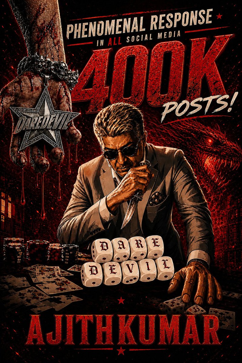TFC_mass's tweet photo. #Daredevil - 400K+ posts across all social media 🔥

The celebration has only just begun. ❤️‍🔥

EXTRAORDINARY MOVIE INCOMING 😎 from fan boy @Adhikravi @anirudhofficial 😉🔥

#AjithKumar #Gladiators https://t.co/4c07CDdaHM