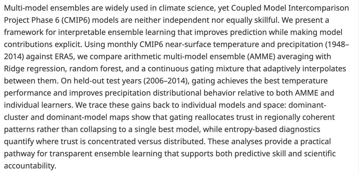 EnvDataScience's tweet photo. Recently published!

Interpretable machine learning for CMIP6 multi-model ensembles

👉https://t.co/EDbonyiLBi
✍️Siyi Wu and Steve M. Easterbrook

Part of the Climate Informatics 2026 special issue

#CMIP6 #machinelearning #clustering #ensembleweighting https://t.co/1dYtTJfYhM