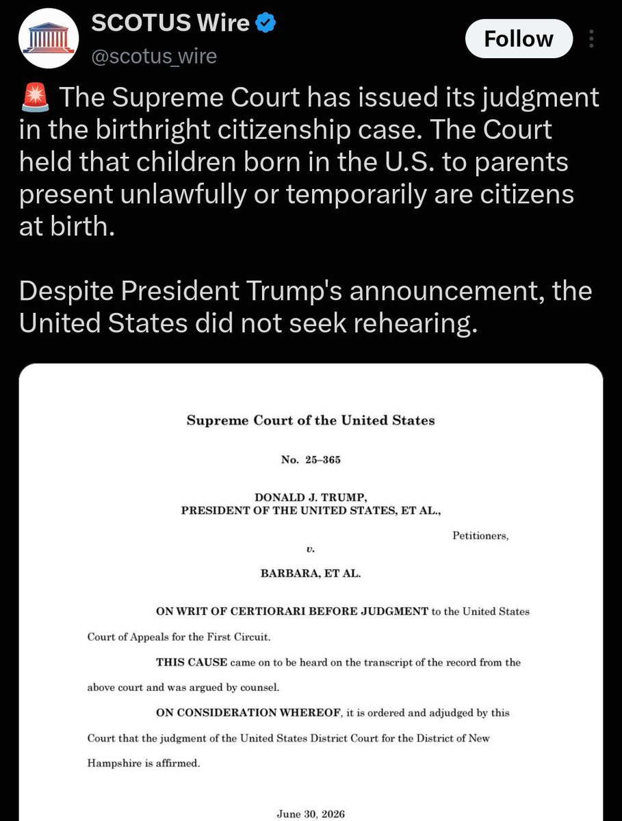 WeWillBeFree24's tweet photo. The Supreme Court Upheld the 14th and birthright citizenship. SCOTUS is treasonous. 

The likelihood of getting a Constitutional Amendment for repealing birthright with 2/3 vote through Congress, is slim to none. 

23% of American births are to foreign born mothers. This is not sustainable for much longer.