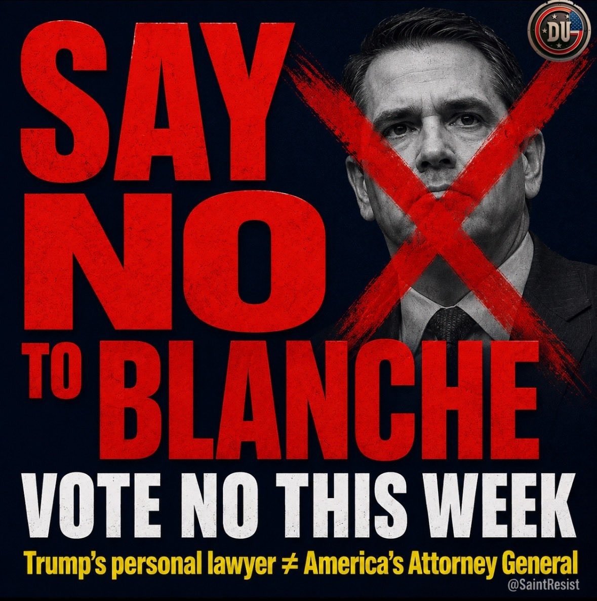 FeistyLibLady's tweet photo. Once again the MAGA GOP lost their spines.

Thom Tillis & John Cornyn are now voting yes on Todd Blanche's nomination for Attorney General.

Blanche put some BS in writing to limit the Trump family immunity and end the slush fund giving our tax dollars to criminals supporting Trump. 

Expert are pointing out the slush fund could be revived by a future AG. That could include Blanche once he is confirmed.

Blanche's nomination should leave the committee with approval today and will go to a full vote in the Senate.

No spines and lots of corruption is what the MAGA GOP stands for in 2026.
#DemsUnited