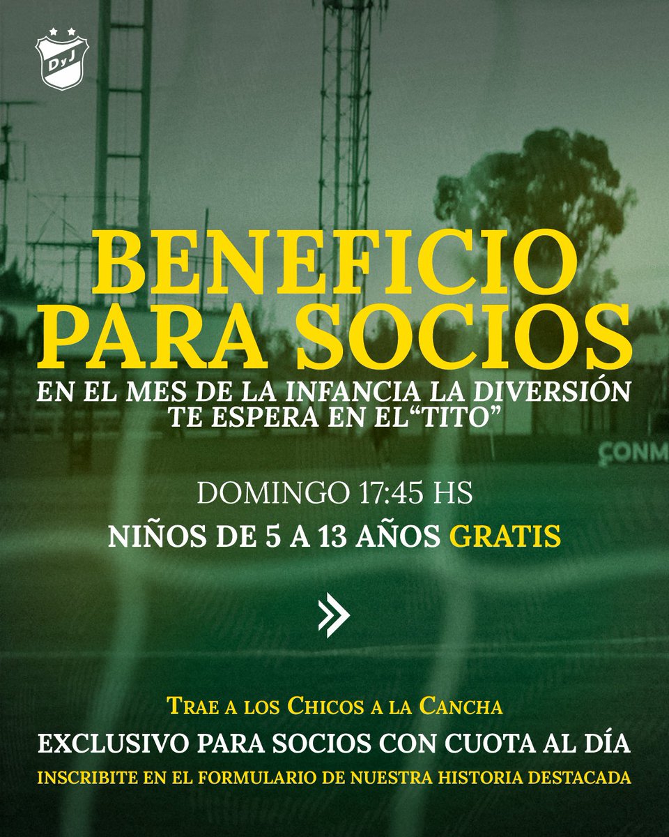 ClubDefensayJus's tweet photo. 🔰Mes de las infancias en el Tito

Este mes te esperamos para vivir una tarde inolvidable en el Tito Tomaghello 

🎟️ Los niños de 5 a 13 años inclusive ingresan GRATIS al partido entre Defensa y Justicia y Newell’s.

✅ Beneficio exclusivo para socios con cuota al día.

👧👦 Cada socio podrá registrar hasta 5 menores.

📅 Domingo 9/8 | 🕔 17:45 hs

📍 Estadio Norberto “Tito” Tomaghello

📲 Completá el formulario de inscripción acá: https://t.co/2Np265a4fH