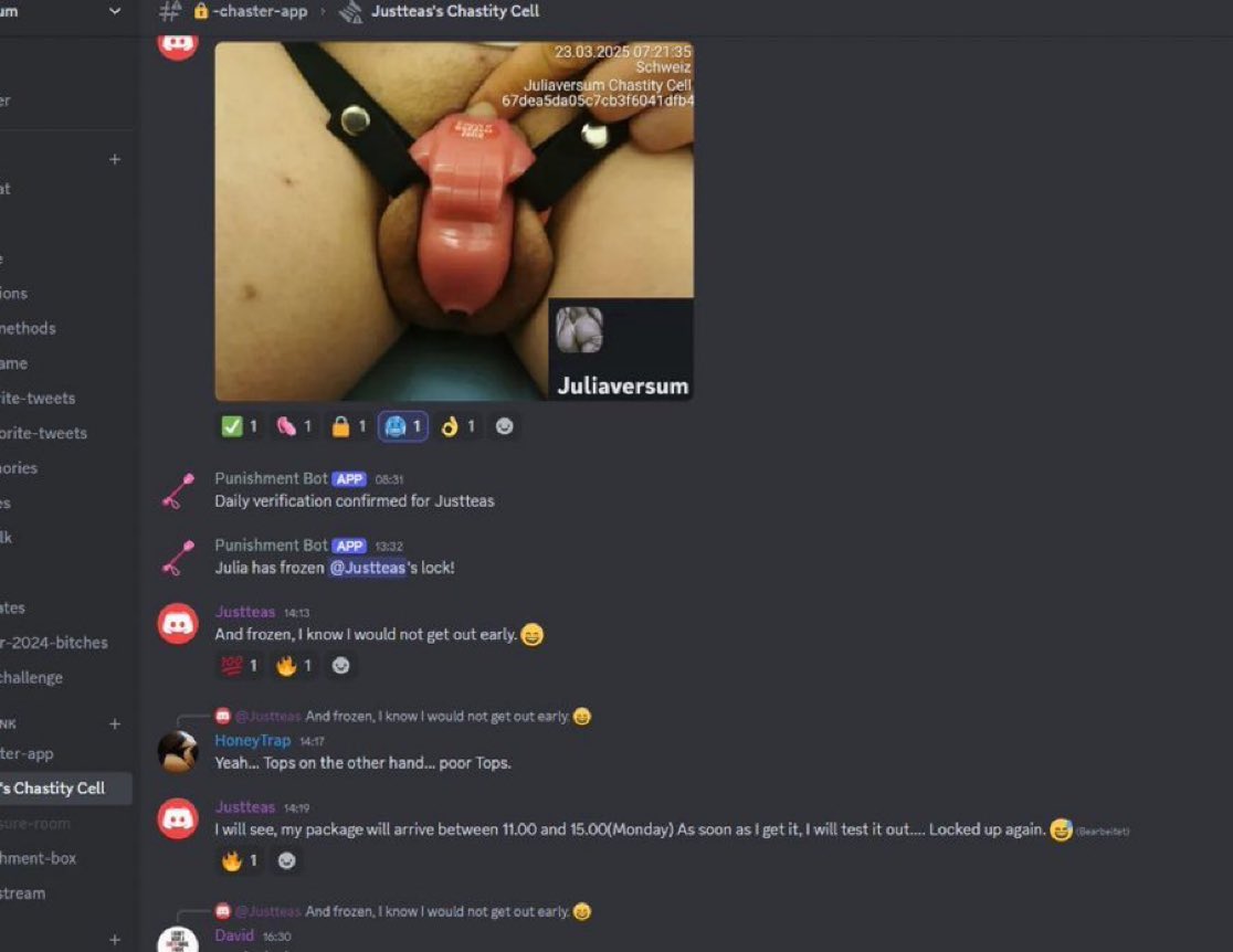 PrincesLills's tweet photo. The chaster app is now linked to my discord server...

It's a lot of fun tbh. 🤣

You all should try and sign away the access to your dicklet.

#chaster #chastity #keyholding #blackmail #herrin #geldherrin #poppers #teamviewer #kidslox #qustodio https://t.co/BmjWU9J5hU