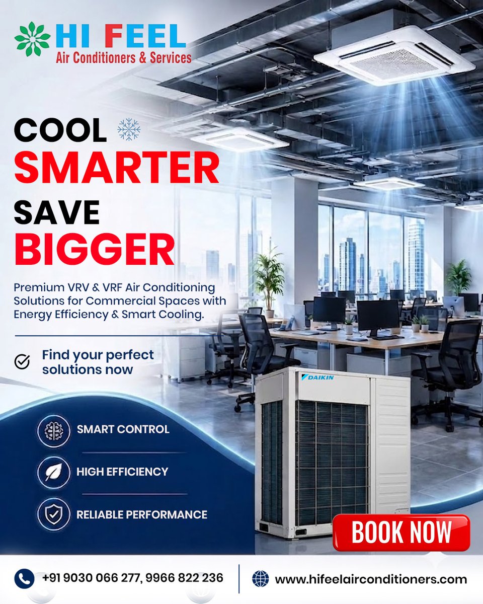 air_hi50719's tweet photo. ❄️ HI FEEL – Cool Smarter. Save Bigger. ❄️
Upgrade your commercial space with Premium VRV & VRF Air Conditioning Solutions
📞 90300 66277 | 99668 22236
🌐 https://t.co/SxJhxhnFH5
#HVAC #VRF #AirConditioning #HVACServices #ACInstallation #CoolingSolutions #HomeCooling #DaikinAC https://t.co/CenNz0yslw