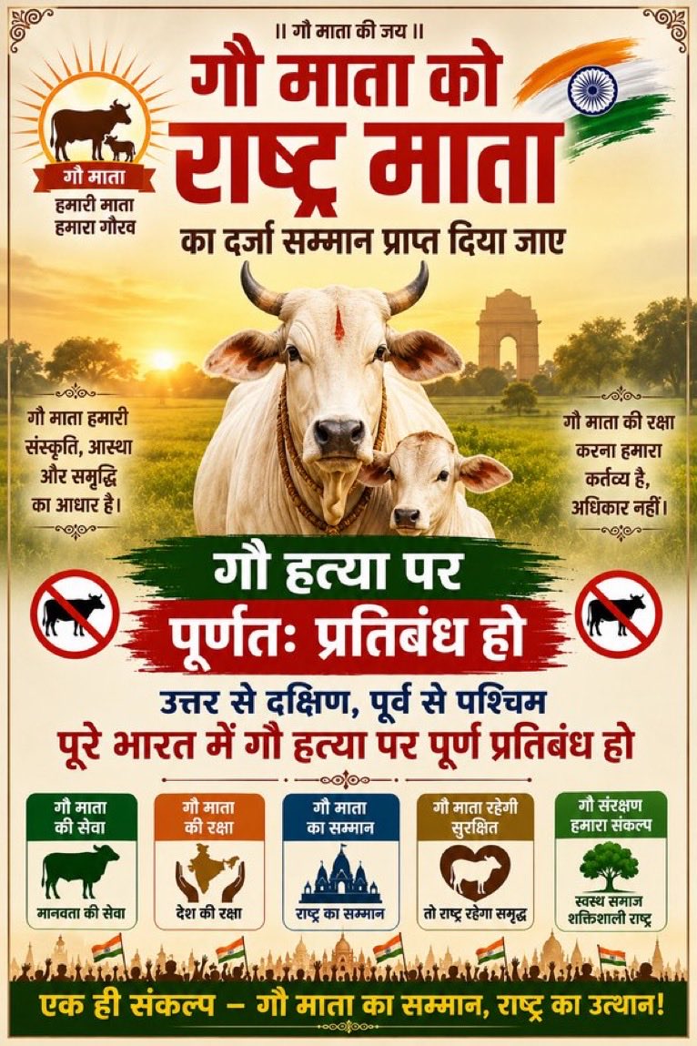 Joshisachin20's tweet photo. गौ माता का सम्मान, हमारी संस्कृति की पहचान।
गौ माता को राष्ट्र माता का सम्मान मिले।
गौ सेवा ही सच्ची मानव सेवा है।
Gau Mata 
Protect Cows
#गौमाता_राष्ट्रमाता
@PMOIndia https://t.co/1C97JEtqHs