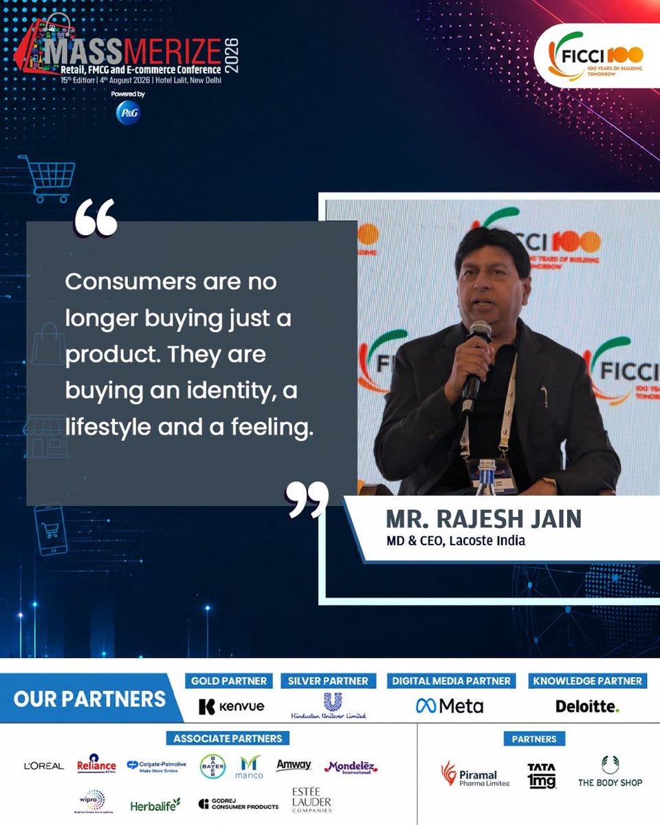 massmerize26's tweet photo. “Consumers are no longer buying just a product. They are buying an identity, a lifestyle and a feeling.”

-Mr. Rajesh Jain, MD &amp; CEO, Lacoste India

#Massmerize2026 #Retail #FMCG #ECommerce https://t.co/LEe84nSxJ5