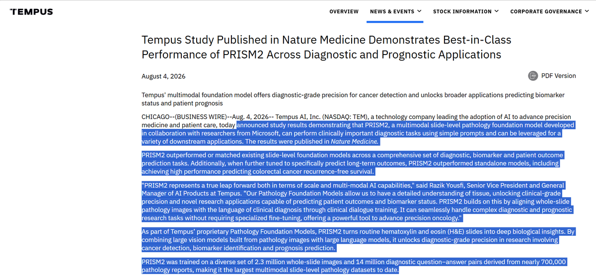 JKeynesAlpha's tweet photo. $TEM x $MSFT 🔥Tempus Unveils Another Major Cancer AI Model, and the Platform Is Only Beginning to Scale 🔥

Tempus has unveiled PRISM2, a new pan-cancer multimodal AI model developed with Microsoft Research that can analyze whole-slide pathology images to detect and characterize cancers across many different tissue types. The model demonstrated best-in-class performance across cancer detection, biomarker prediction, and patient prognosis, with the results published in Nature Medicine, one of the world’s most prestigious scientific journals.

PRISM2 was trained on 2.3 million pathology slides and 14 million diagnostic question-answer pairs, allowing it to analyze tissue images through simple clinical prompts and produce diagnostic-grade insights. AI-enhanced cancer diagnosis is the beginning. The same foundation-model architecture can expand across cancer types, treatment selection, recurrence prediction, biomarker discovery, and clinical research. This feels like the tip of the iceberg for what $TEM’s proprietary data and multimodal AI platform can become.