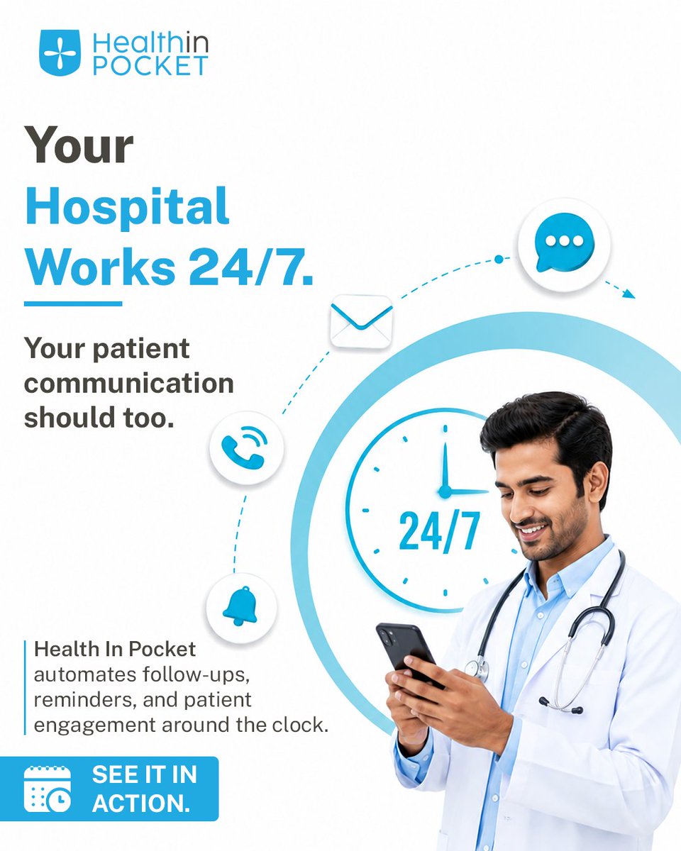 HealthIn_Pocket's tweet photo. Healthcare never stops—and patient communication shouldn't either.

Health In Pocket helps hospitals automate reminders, follow-ups, and patient engagement 24/7.

👉 https://t.co/VVqxiM9hWk

#HealthInPocket #PatientCommunication #HealthcareAutomation #HealthTech https://t.co/bP2q2VftTy