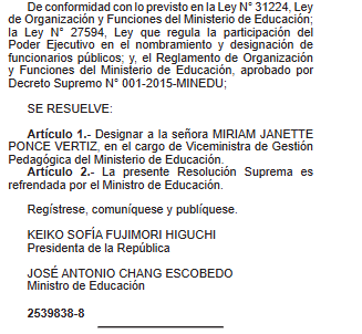 RodrigoCT_94's tweet photo. #AHORA Exministra de Dina Boluarte vuelve al MINEDU. En normas legales se da cuenta que Miriam Ponce Vertiz, quien integró el equipo de campaña de Fuerza Popular en las elecciones del 2021, ha sido nombrada como viceministra de Gestión Pedagógica. Ponce lideró el Minedu desde septiembre del 2023 a abril del 2024.