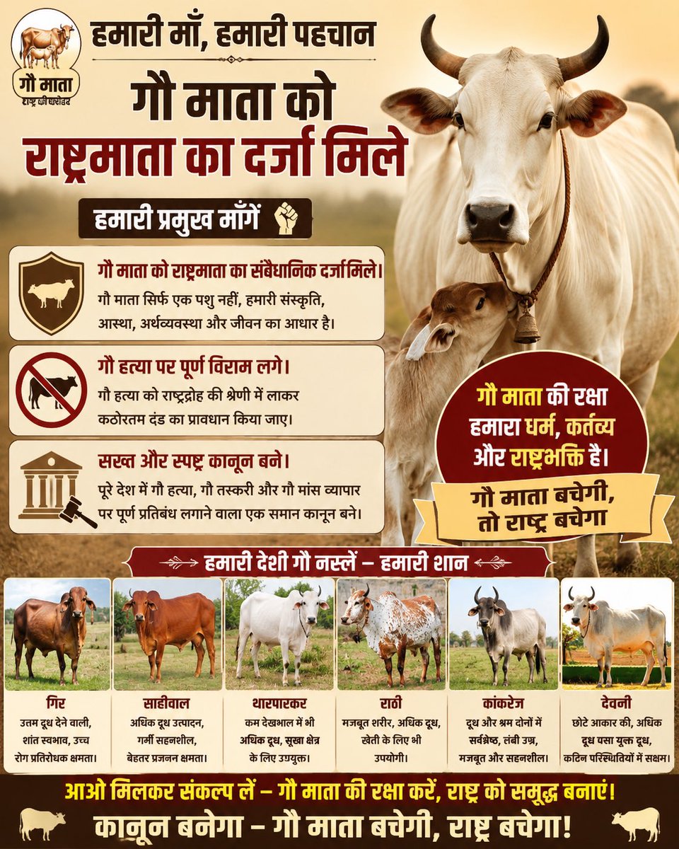 ItsHarshad's tweet photo. परम् पूज्य मलूकपीठाधीश्वर महाराज श्री के आह्वान पर हम प्रत्येक सनातनी @narendramodi @PMOIndia से 2 मांग करते है।

1:-गौ माता को राष्ट्र माता का सम्मान दिया जाए।
और
2:-संपूर्ण भारतवर्ष को गौ वध के कलंक से मुक्त किया जाए।

जय सियाराम 

गाय #गौमाता_राष्ट्रमाता #गौमाता_राष्ट्रमाता https://t.co/Z7heNs3mup